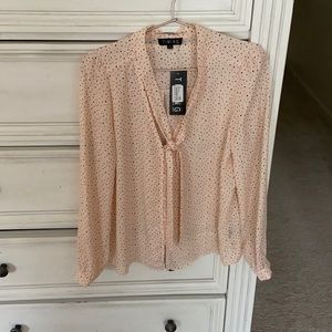 Pink with black polka dot front tie blouse